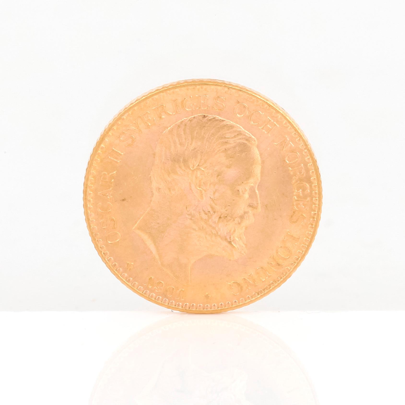 GULDMYNT, 10 kronor, Oscar II av Sverige och Norge 1901. Vikt ca 4,5 gram.