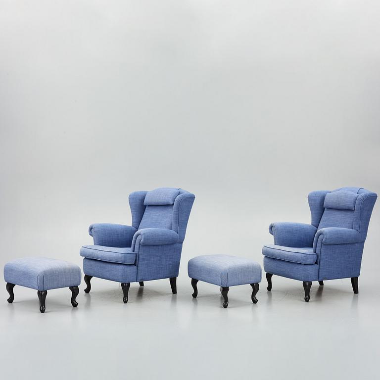 Fåtöljer ett par, med fotpallar, Bröderna Andersson.