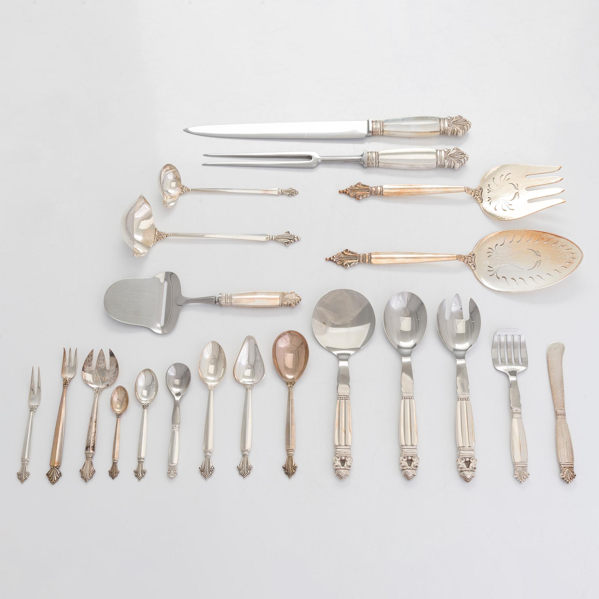 Johan Rodhe, bestickuppsättning, 48 delar, sterlingsilver, "Dronning/Acanthus", Georg Jensen, Danmark, efter 1945.