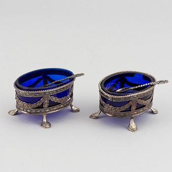 A pair of Swedish Gustavian silver and glass salt cellars, 1785.