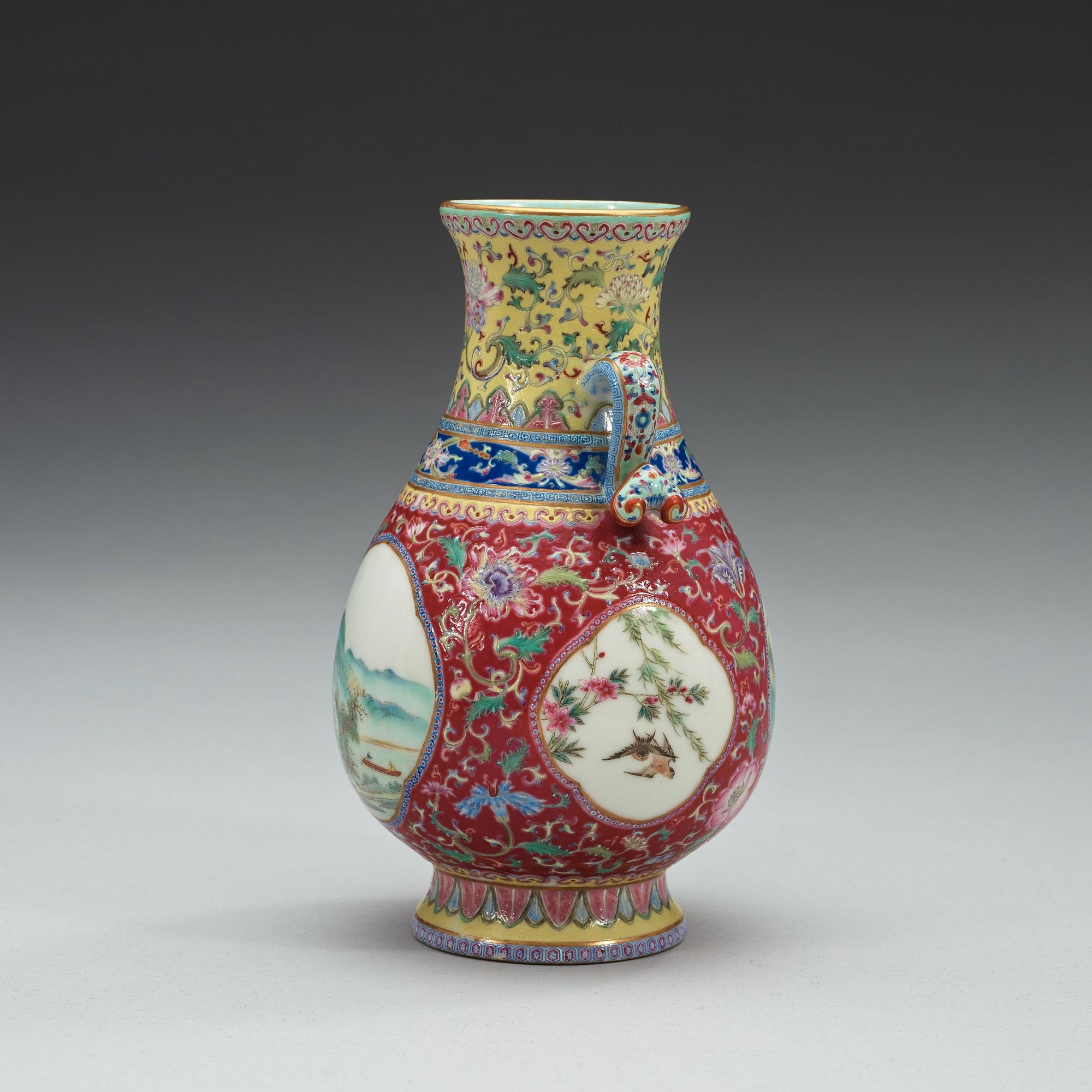 A pink and yellow ground famille rose vase, China, Republic, 20th Century with Qianlong seal mark.