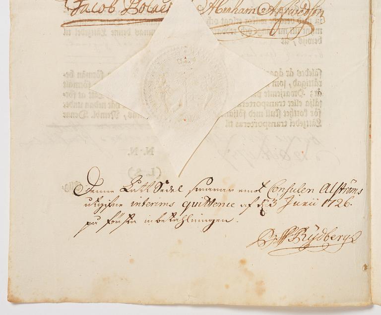 Aktiebrev, Ahlingsåhs Manufaktur Werk (Manufactur-Societet), No 43, 1728.