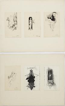 Carl Larsson, 6 drawings, signed C.L, Indian ink and hightening white mounted on cardboard.