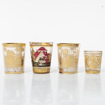 Four zwischengoldglas glasses, three of historic style from around the year 1900, one older.