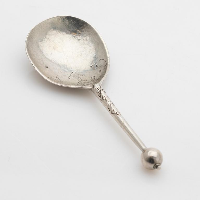 Soup spoon, silver, probably Asmus Liberat (active 1689–1732), Kristianstad.