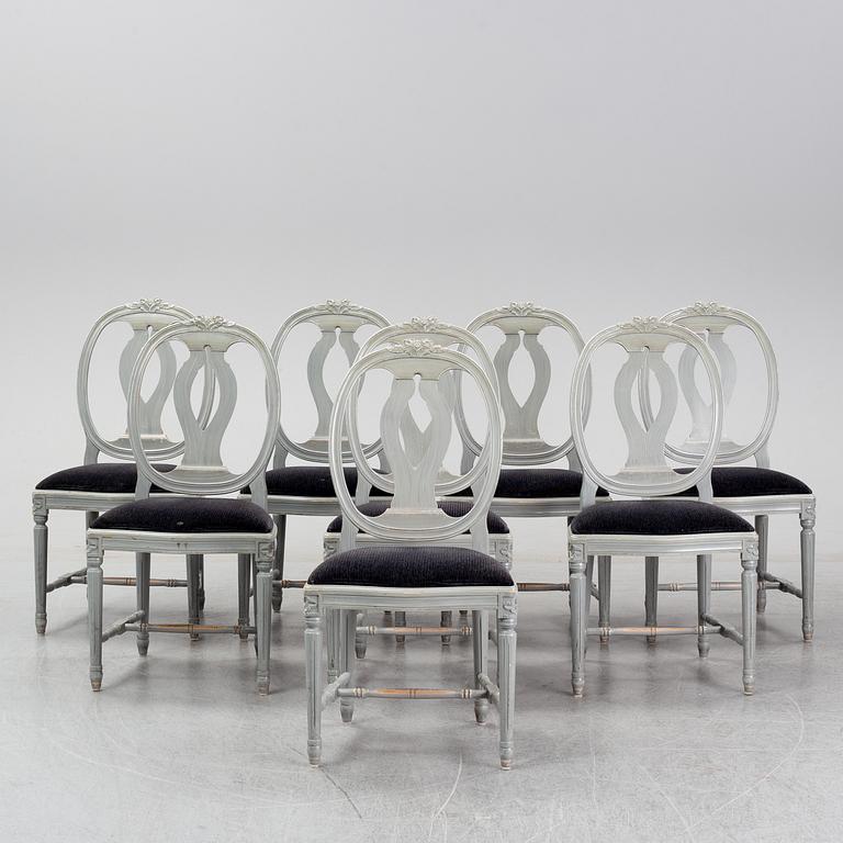 Eight second half of the 20th century Gustavian style chairs.