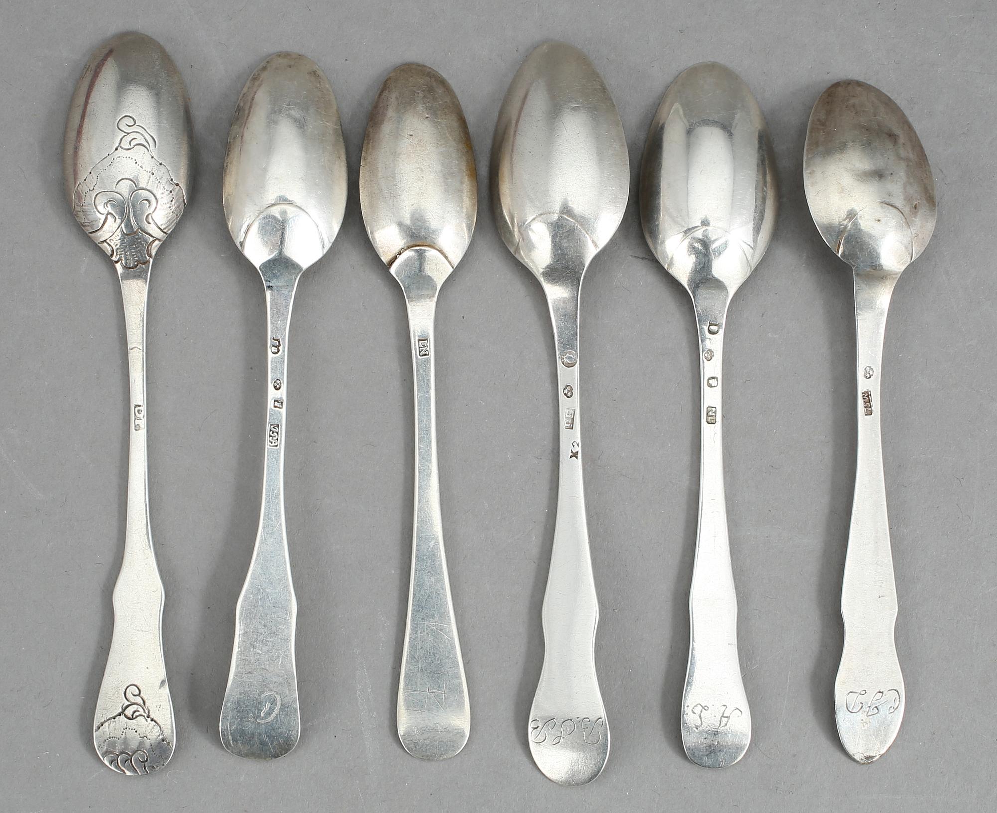 TESKEDAR, 6 st, silver, 17/1800-tal. Vikt 60,7 g.