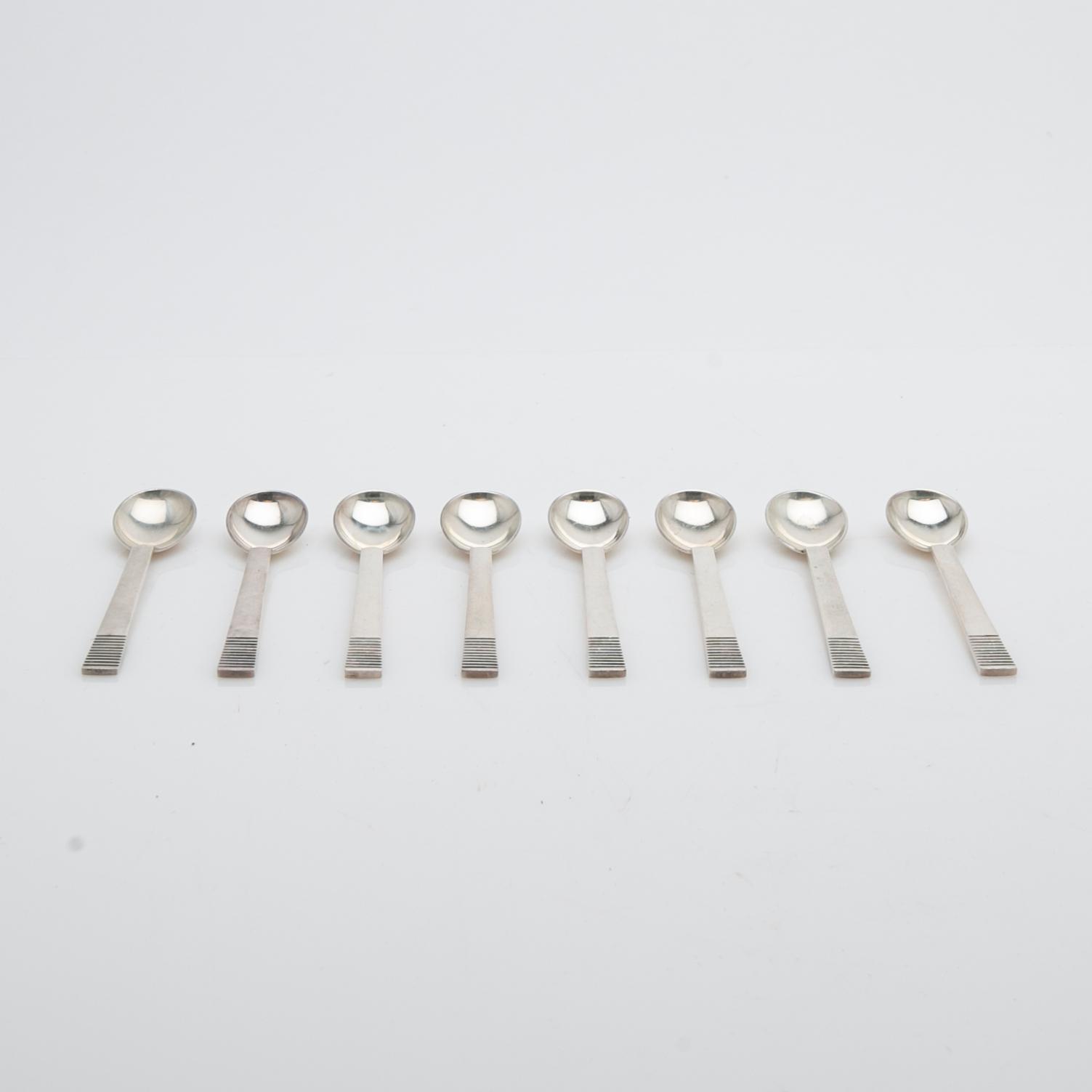 Georg Jensen, Teaspoons, 8 pieces, “Parallel”, silver, Denmark, mid-20th century.