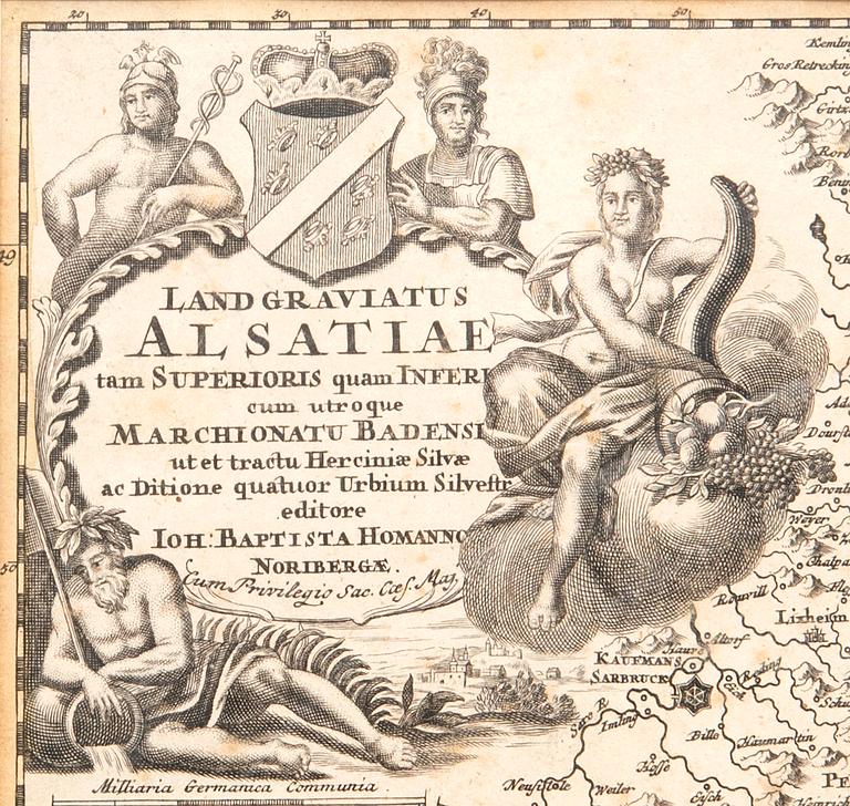 Johann Batista Homann, map of Alsace & Baden, hand colored copper engraving, Nürnberg 1716.
