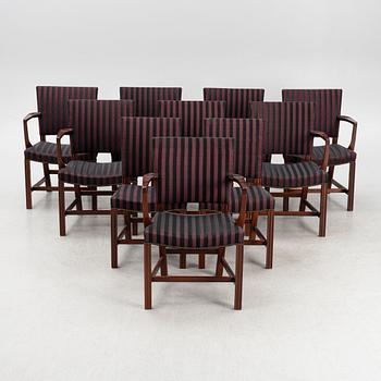 Kaare Klint, eight mid armchairs and two chairs, model "Red Chair", Ruud Rasmussen, Denmark, mid 20th century.