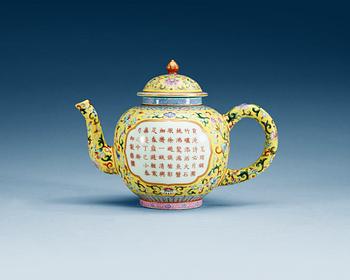 1531. A yellow ground famille rose teapot and cover, presumably Republic with Jiaqings sealmark.