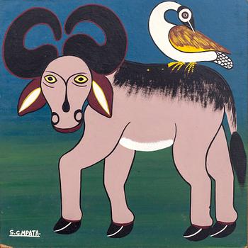 An 1970:s Seymond George Mpata so called Tingatinga- painting, bicycle paint on masonite, signed.