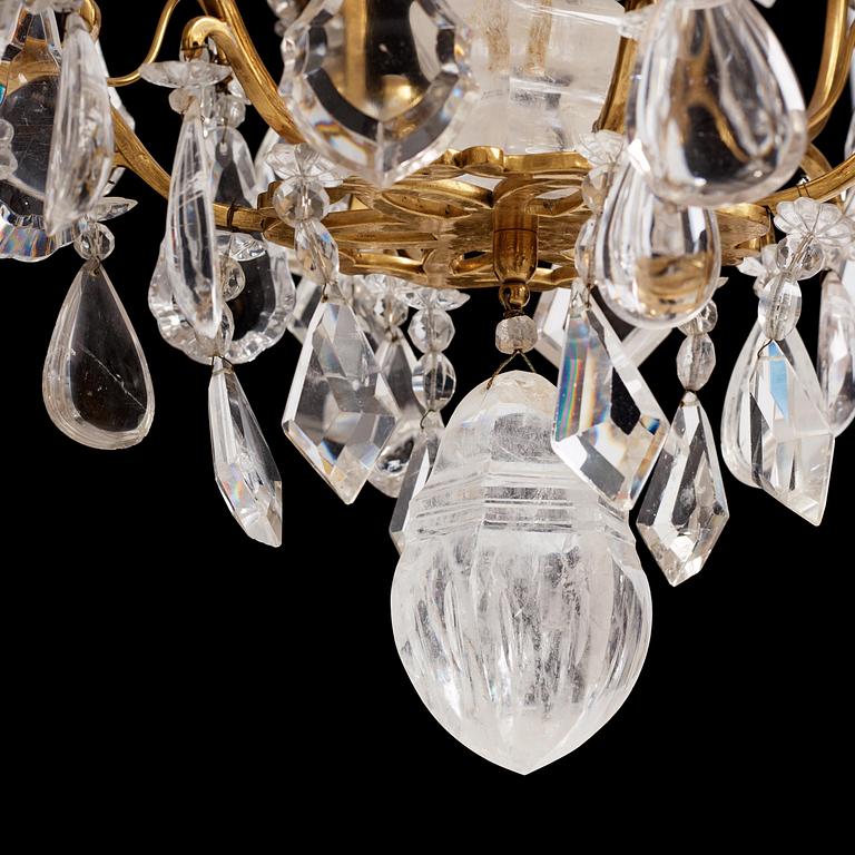 A French Louis XV-style six-branch gilt-bronze, rock crystal and amethyst chandelier, 19th century.