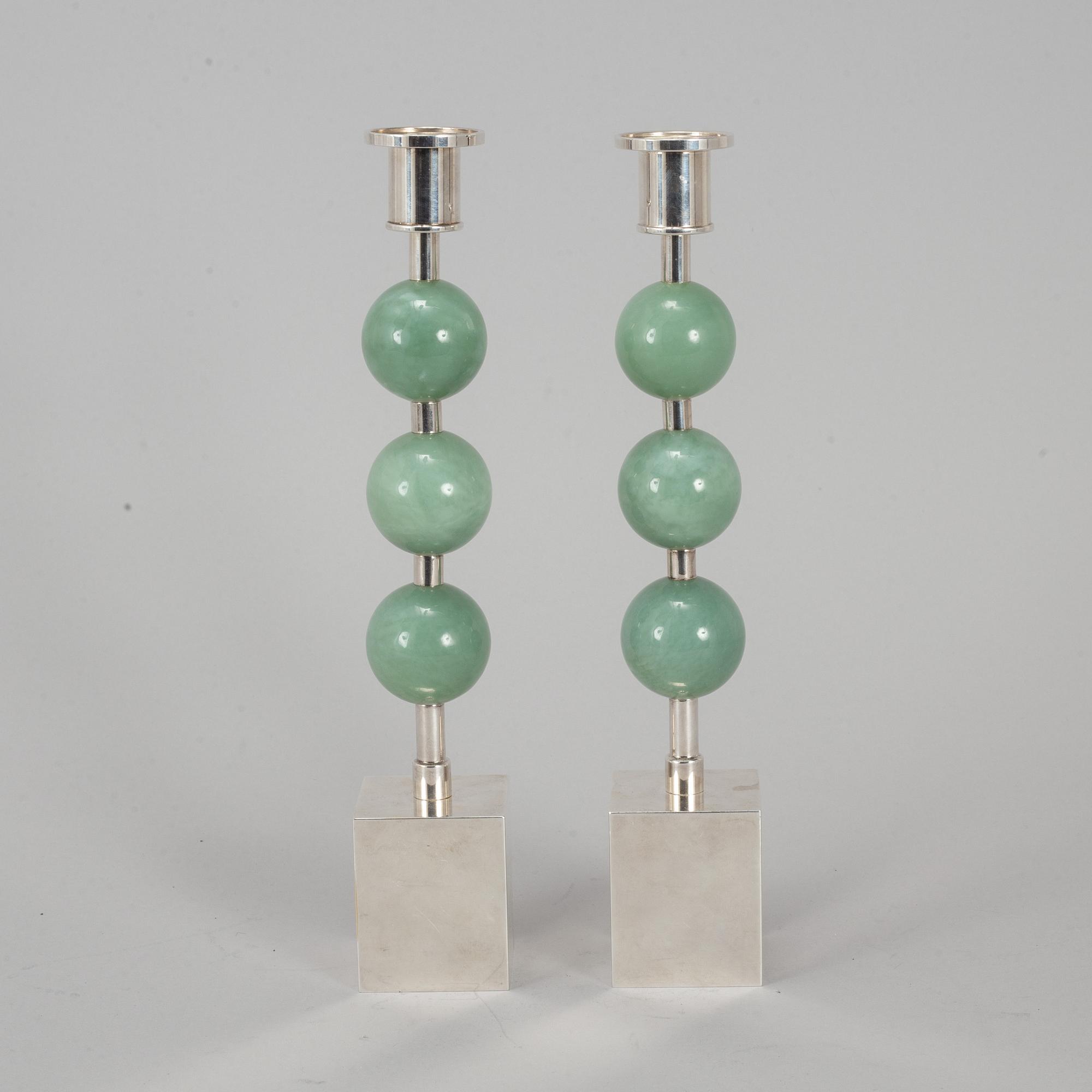 SIGURD PERSSON, a pair of silver plate and aventurine candlesticks from Svenskt tenn.