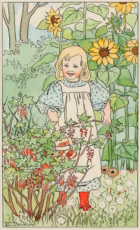 Elsa Beskow, Girl by the red curant bush.