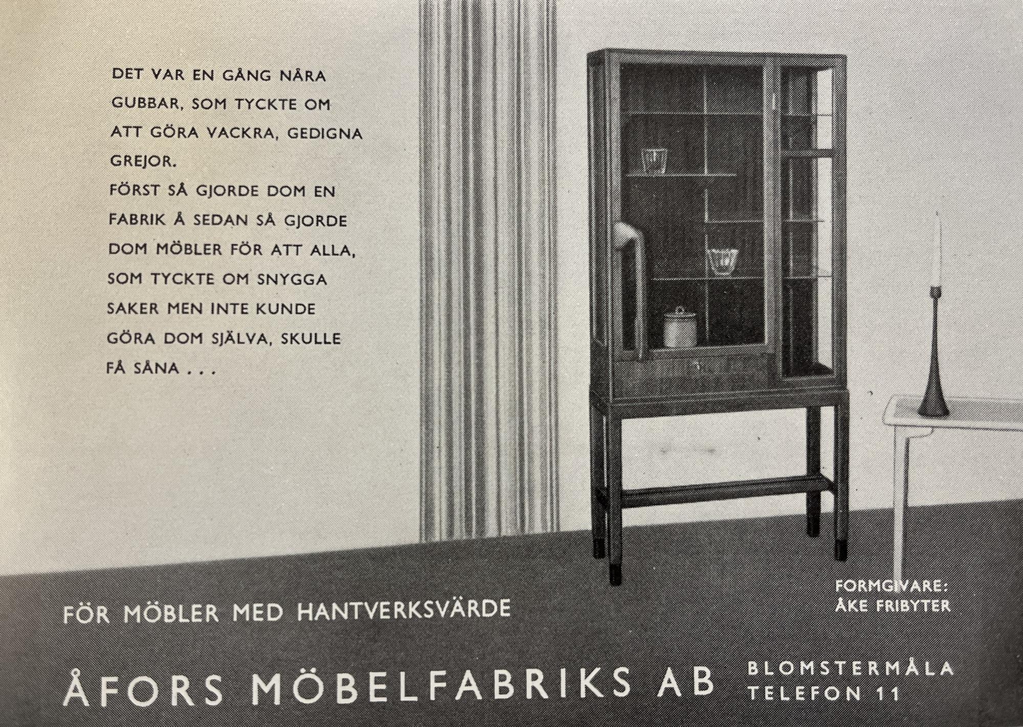 Åke Fribyter, a mahogay display cabinet, Åfors Möbelfabrik, Blomstermåla, ca 1955.