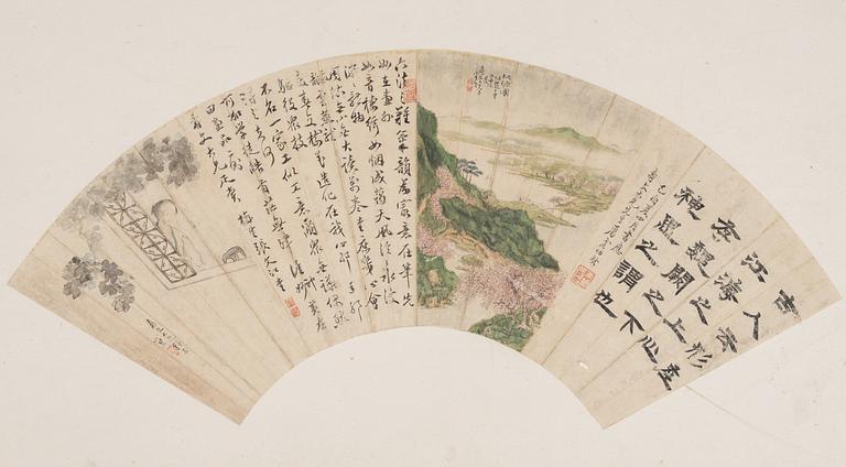 Oidentifierad konstnär, s.k. "Solfjädersmålning", Elegant dam, Kalligrafi och Landskap, Kina, 1900-tal.