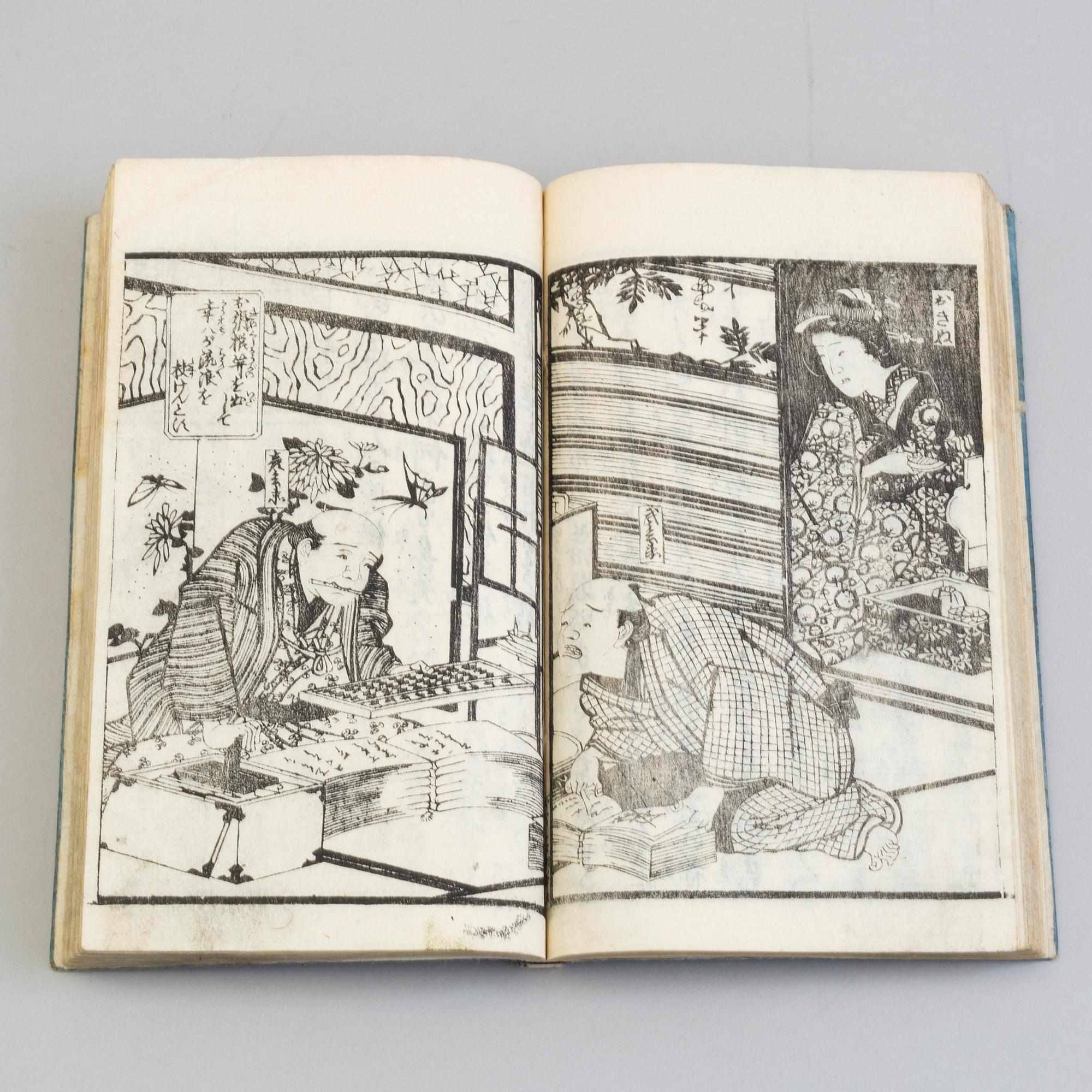 Six Japanese woodblock books with illustrations, 19th century.