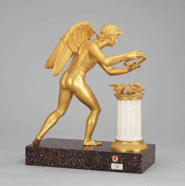 A Swedish circa 1800 gilt bronze, white marble and porphyry table sculpture.