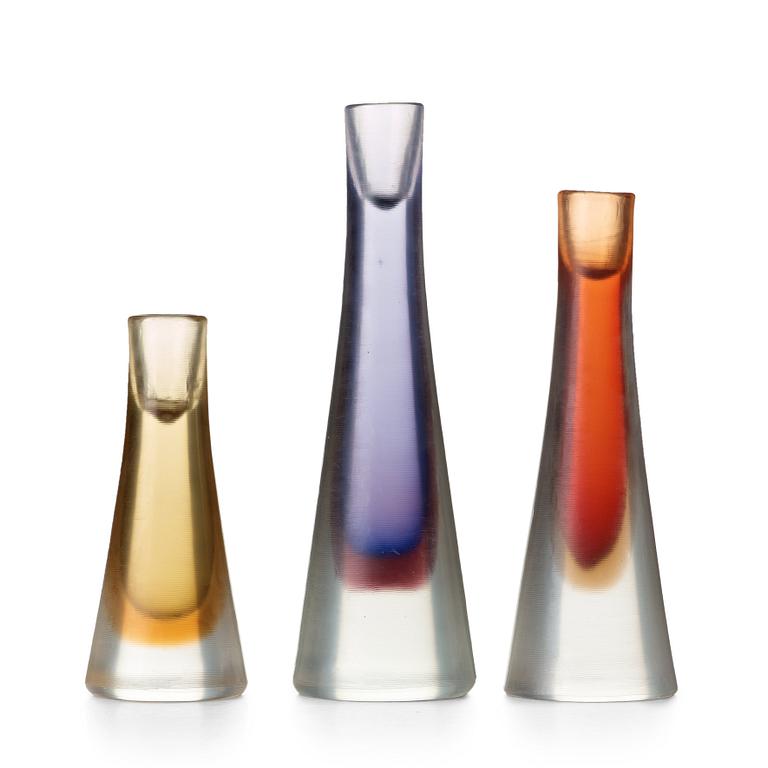 Paolo Venini, a set of three "Incisi" glass candleholders, Venini, Murano, Italy 1950's, model 4809.