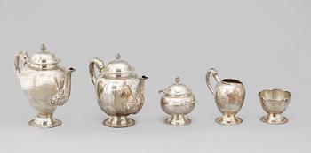 KAFFE och TESERVIS, 5 delar, sterling silver, Peru, 1900-tal. Tot vikt ca 2000 g.