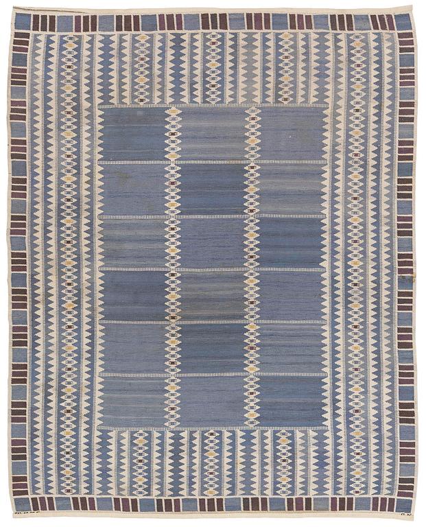 Barbro Nilsson, a carpet, "Salerno blå", flat weave, c. 314 x 255 cm, signed AB MMF BN.