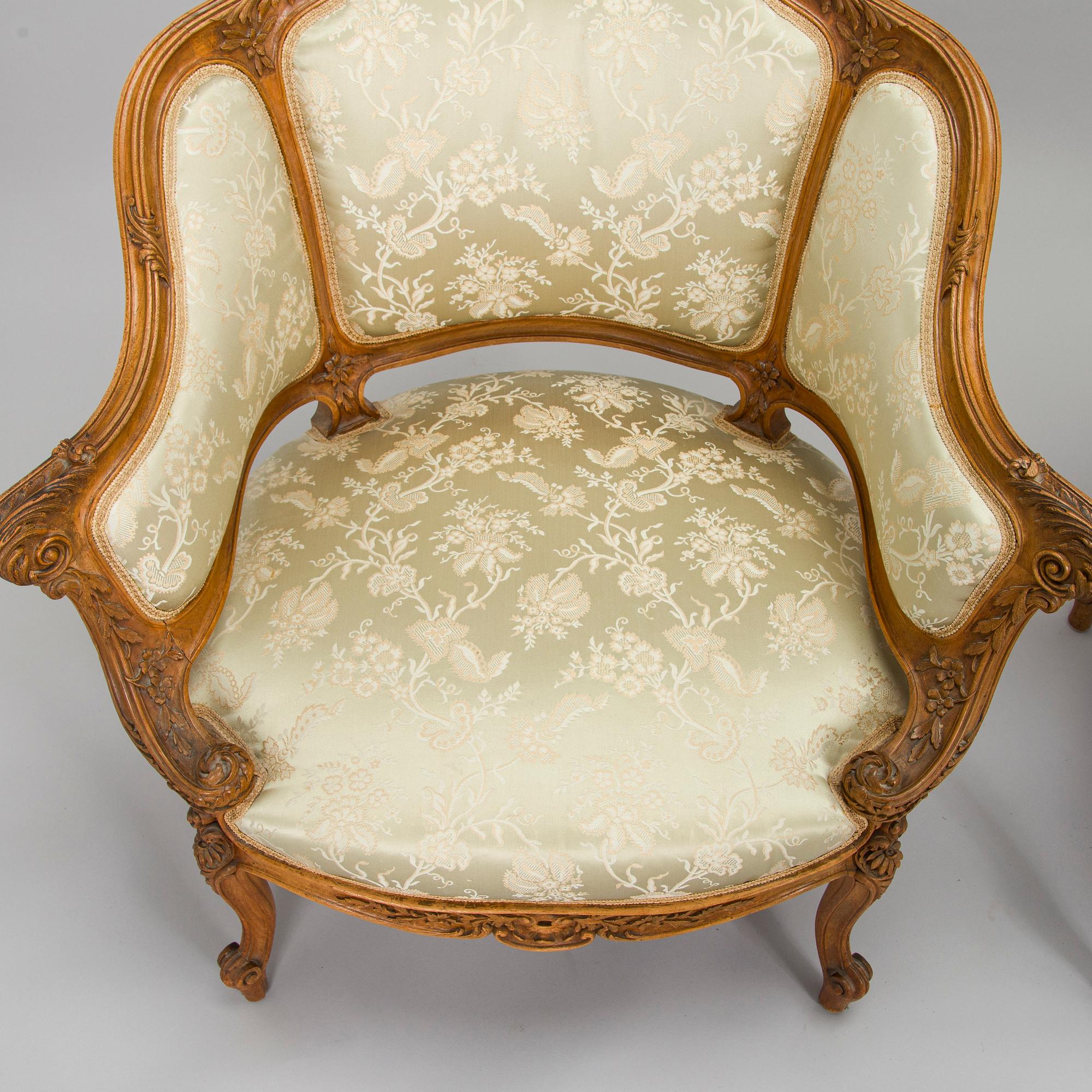 Soffa och fåtöljer, ett par, omkring 1900.