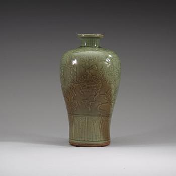 A celadon glazed Meiping vase, presumably Ming dynasty.