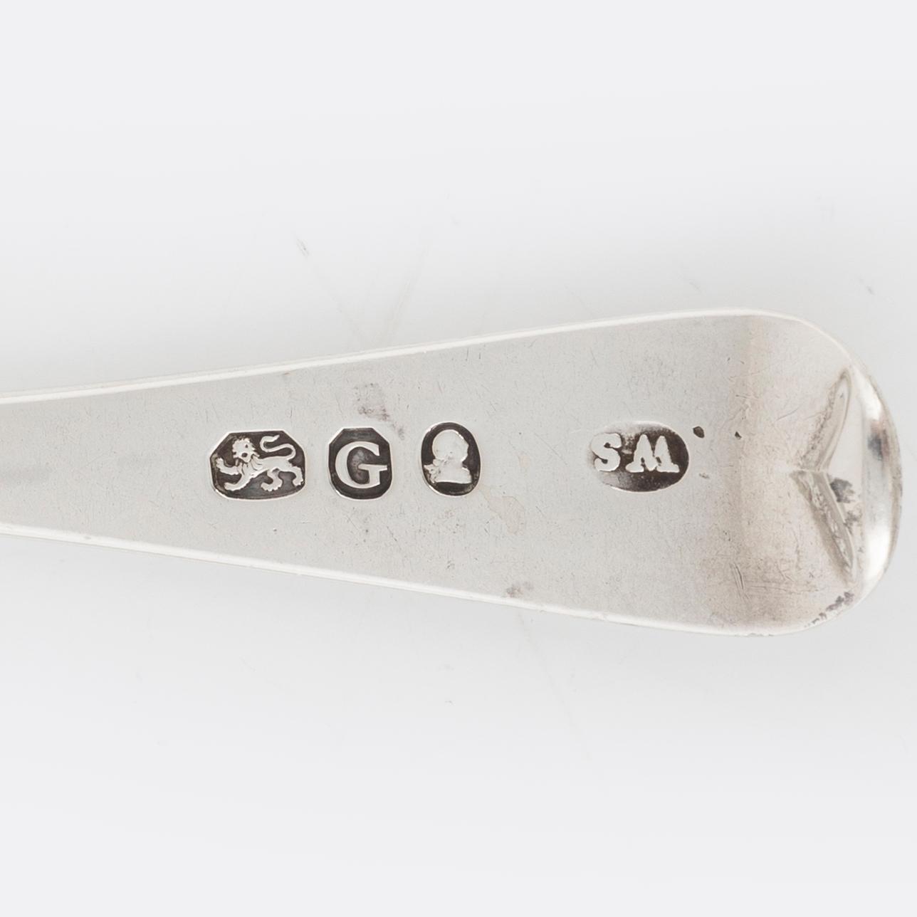 Six silver spoons, Ireland and England, including James Le Bas, Dublin 1828.