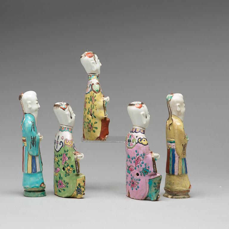 A set of five famille rose porcelain figures, Qing dynasty, 19th Century.