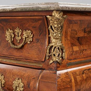 A Swedish early rococo parquetry, ormolu-mounted and marble commode, presumably by S. Pasch or J. Wulf , ca. 1740.