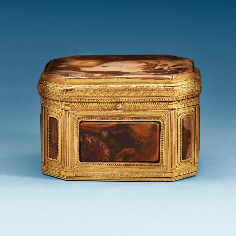 A gilt-brass, stone and glass box with double-folded lid with erotic scene. Louis XVI.