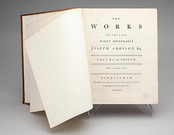 BOKVERK, vol I-IV, "The Works of The Late Right Honorable Joseph Addison", Birmingham 1761.