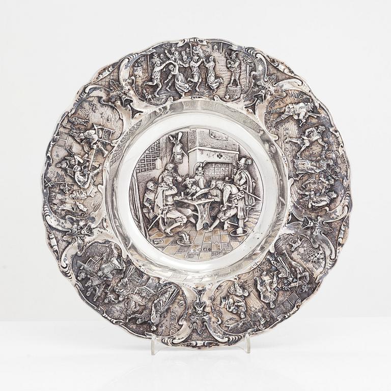 A tavern motif silver dish, maker's mark of Zaanlandse Zilversmederijen, Amsterdam, Netherlands 1961.