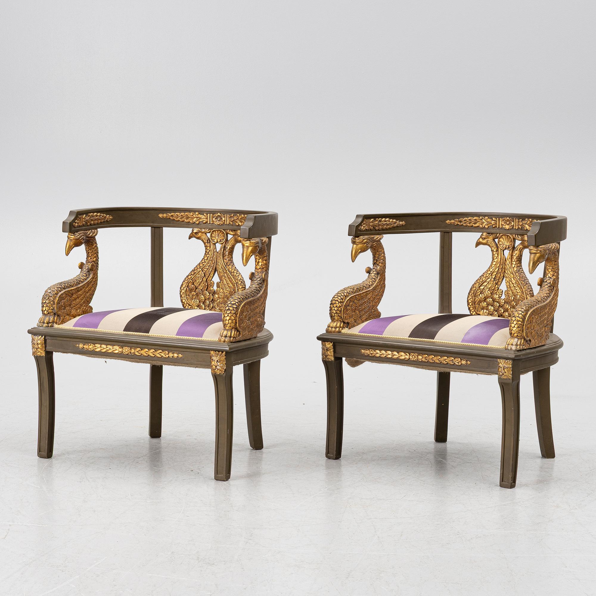 A pair of Empire-style armchairs with an end table, second half of the 20th century.