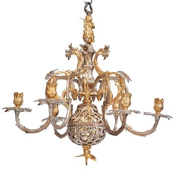 Carl Edberg's Masterpiece, a Swedish rococo silvered and gilt-brass six-light chandelier, circa 1755.