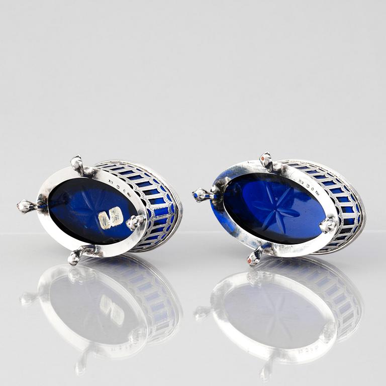 A Swedish pair of early 19th Century silver and blue glass salt cellars, mark of Pehr Zethelius, Stockholm 1808.