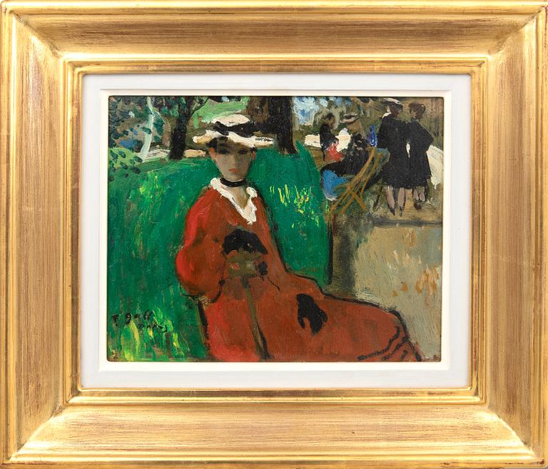 Francois Gall, "La jeune Eugénie au chapeau blanc et robe rouge, jardin du Luxembourg - Paris.".