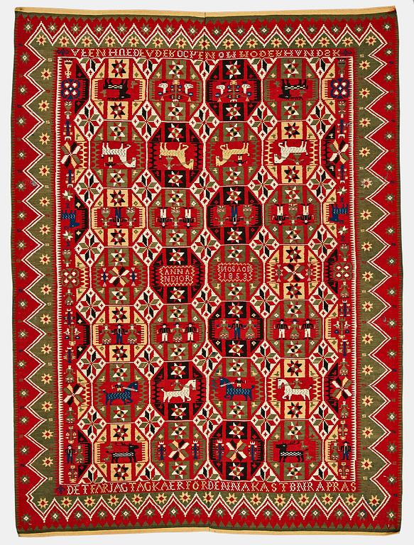 A BED COVER, double-interlocked tapestry, ca 183 x 134,5 cm, Scania  (Skåne) 1853, probably Färs district.