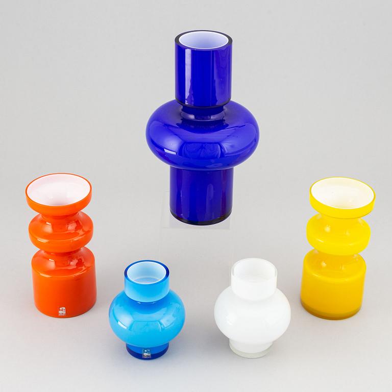 PO Ström, five glass vases, Alsterfors glasbruk, ca 1970.