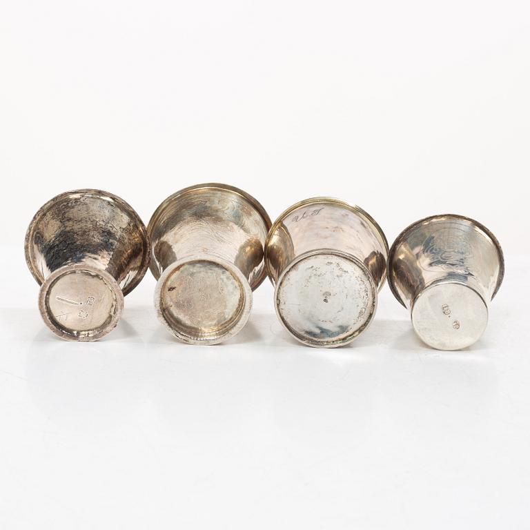 Beakers, 4 pcs, silver, various makers, 18th century.