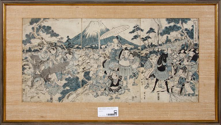 TRÄSNITT, Japan, 1700/1800-tal. Troligen Kikugawa Toshinobu Eizan.