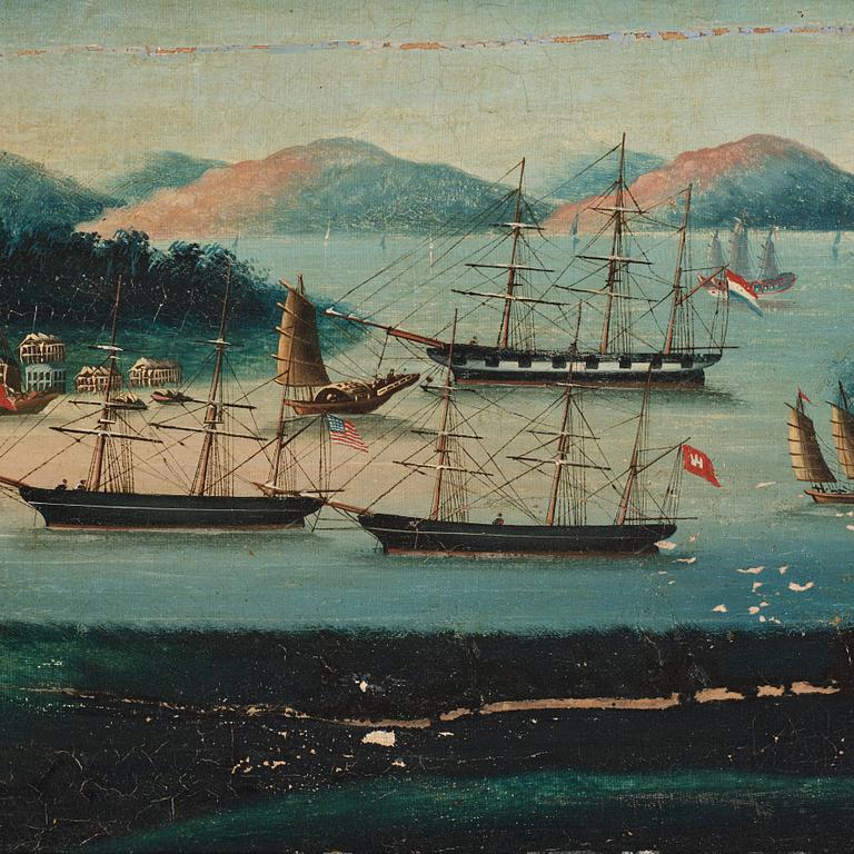 A oil painting of Whampoa Anchorage, Chinese School, Qing dynasty, 19th Century.