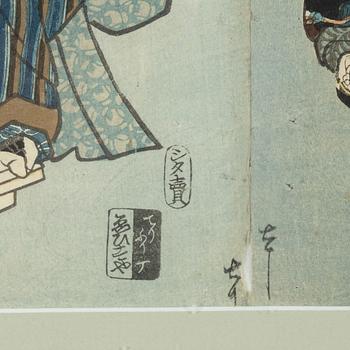 Utagawa Kunisada, a woodblock ptriny triptych, mid 19th Century.