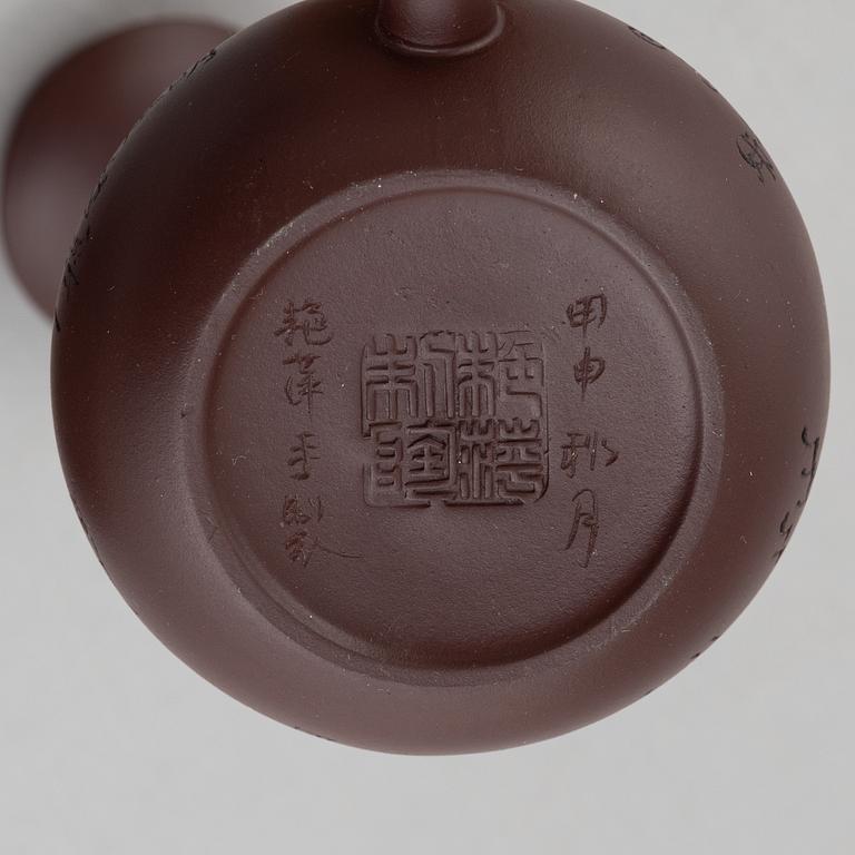 Tekanna, koppar 3 st, samt skålfat, yixing, kina, 1900-tal.