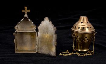 IKONER, 7 st, KORS, RÖKELSEKAR, samt SKRIN, mässing, Ryssland 1800-tal.