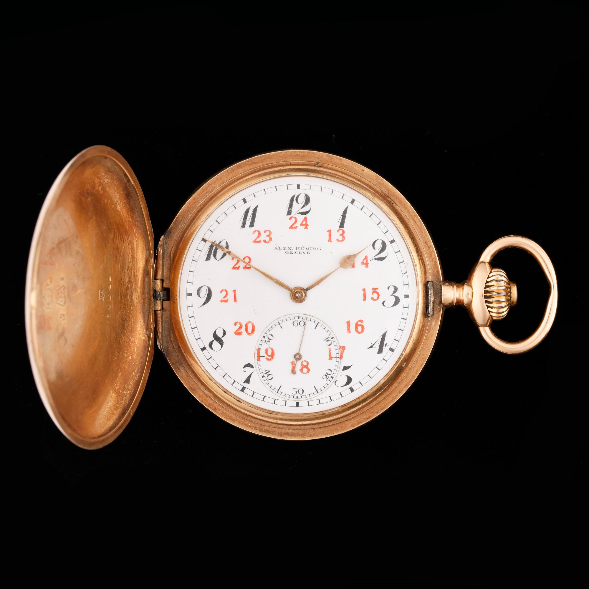 HERRFICKUR, savonette, guld 14K, Alex Hüning, Geneve, tidigt 1900-tal. Tot ca 87 gram.