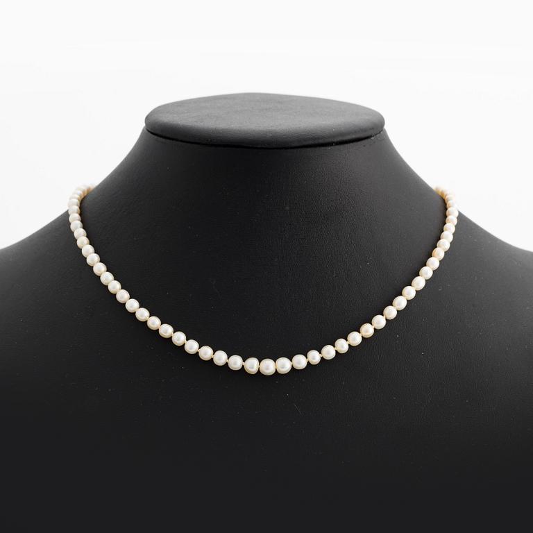 Pärlcollier med doserade pärlor, lås guld med smaragd och rosenslipade diamanter.