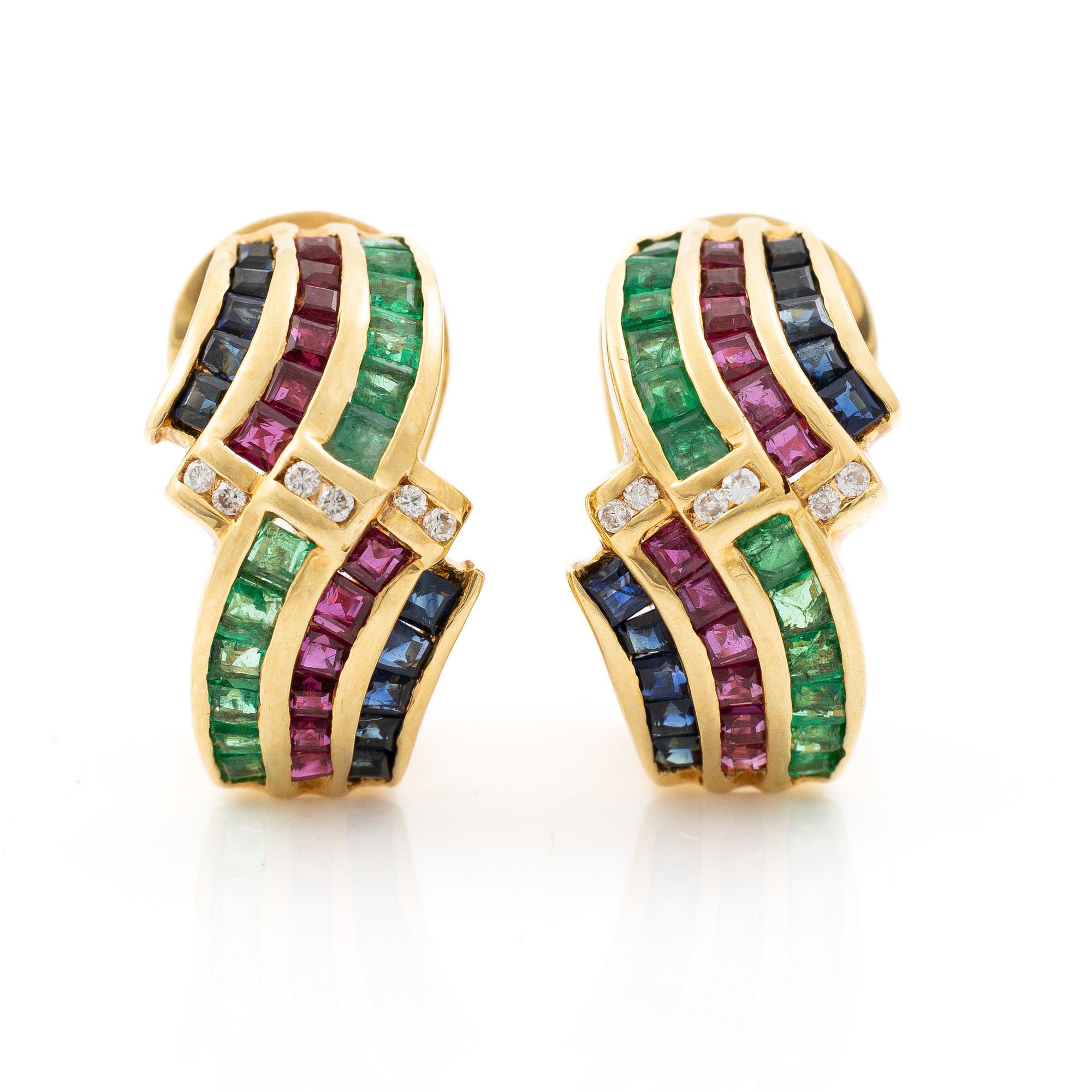 Earrings, a pair, 18K gold set with brilliant-cut diamonds, emeralds, rubies and sapphires.