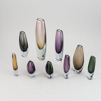 Gunnar Nylund & Asta Strömberg, a set of 9 vases for Strömbergshyttan.